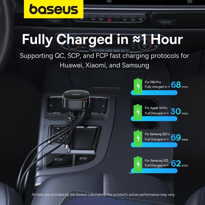 BASEUS - Baseus Enjoyment USB-C Billaddare med USB-C/Lightning 60W kabel - Svart