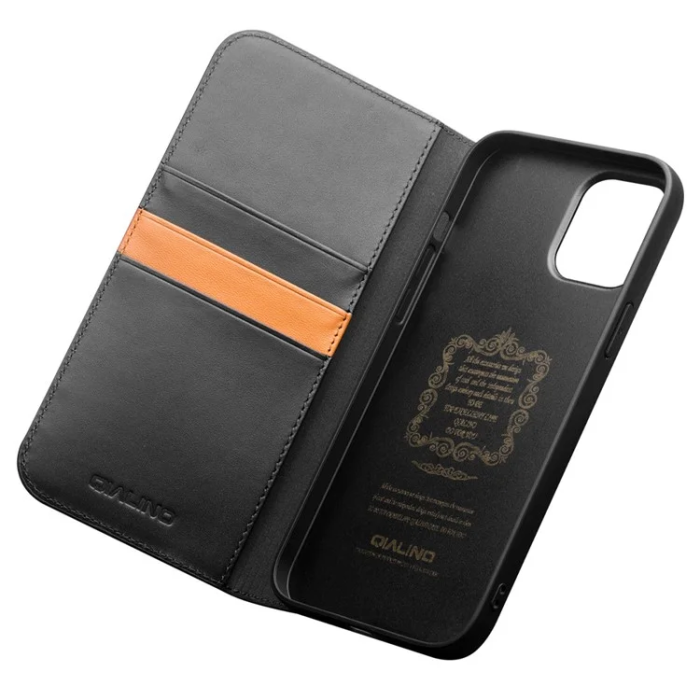 QIALINO - Qialino iPhone 12 Pro Max Plånboksfodral Äkta läder - Svart