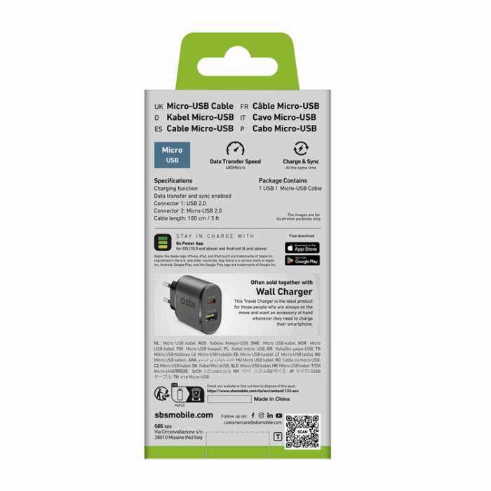 SBS - SBS USB-A - Micro-USB Kabel 1m - Svart