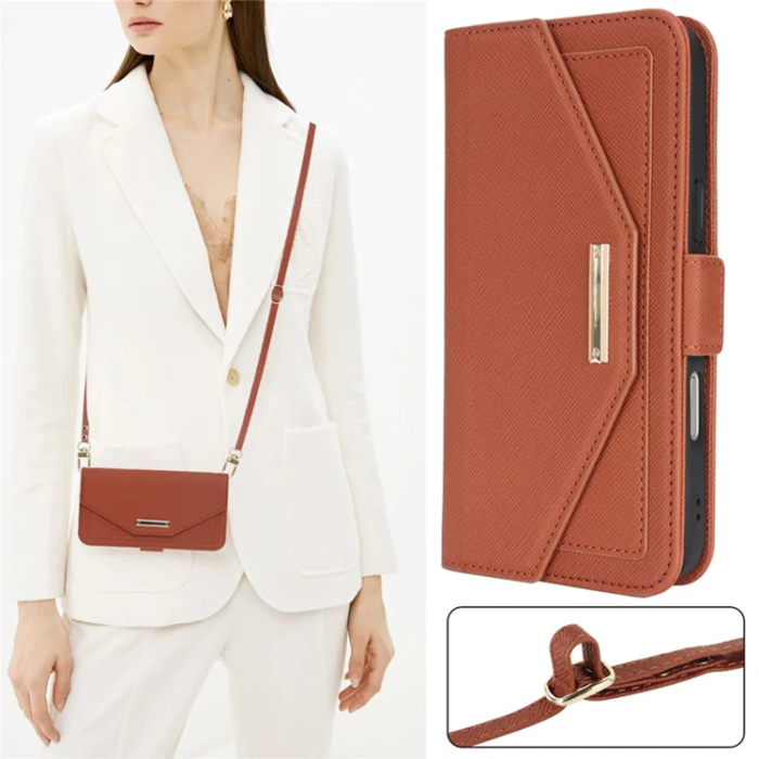 A-One Brand - iPhone 17 Pro Plånboksfodral Cross Texture med Axelrem - Brun