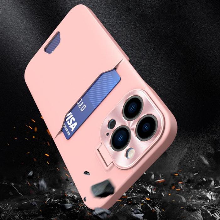 OEM - iPhone 14 Skal Korthållare Läder Kickstand - Rosa