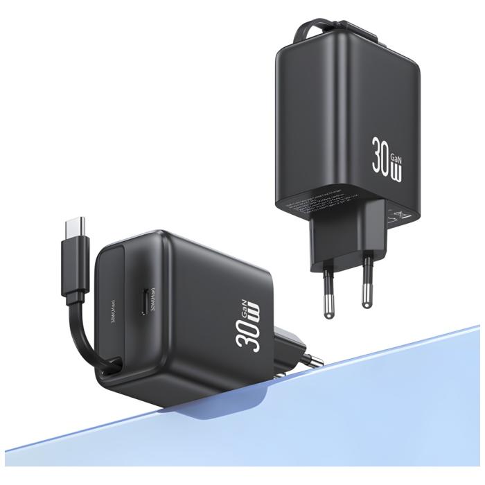 USAMS - USAMS Väggladdare 1xUSB-C m utdragbar kabel PD+QC 30W GaN - Svart