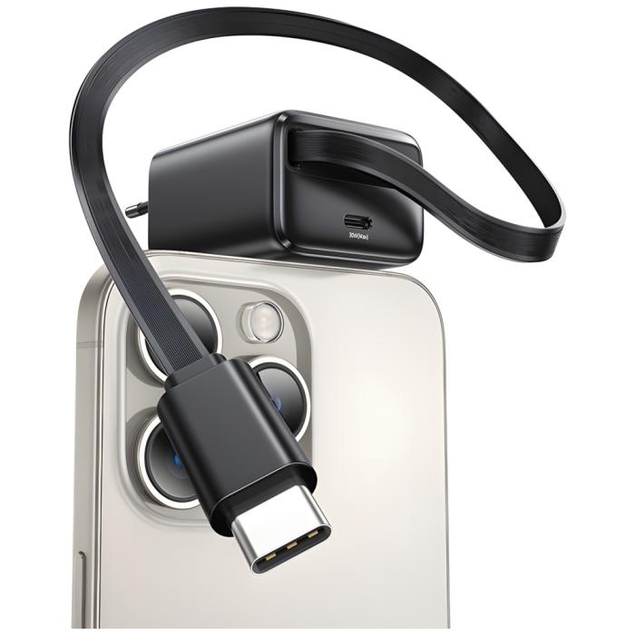 USAMS - USAMS Väggladdare 1xUSB-C m utdragbar kabel PD+QC 30W GaN - Svart