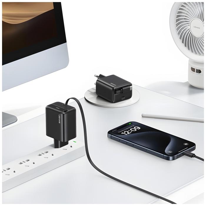 USAMS - USAMS Väggladdare 1xUSB-C m utdragbar kabel PD+QC 30W GaN - Svart