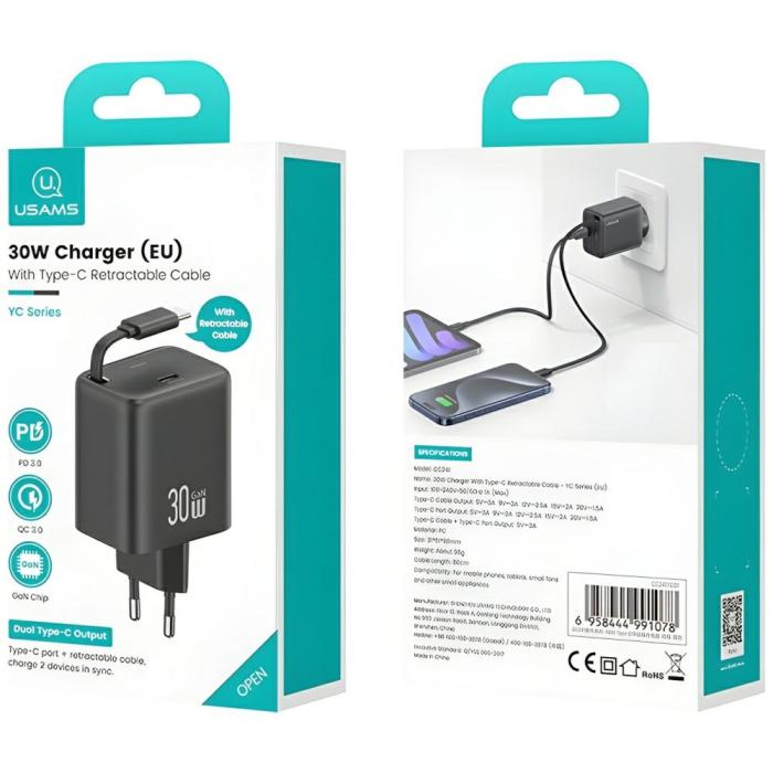 USAMS - USAMS Väggladdare 1xUSB-C m utdragbar kabel PD+QC 30W GaN - Svart