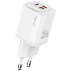 USAMS - USAMS V&auml;ggladdare CC254 30W GaN USB-C/USB-A HC-serien CC254TC02 &ndash; Vit