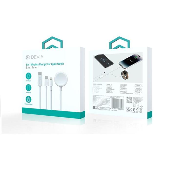 Devia - Devia 3in1 Apple Watch Laddare Med USB-C/Lightning Kabel Smart EA520 - Vit