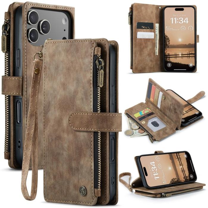 Caseme - CASEME C30 Plånboksfodral för iPhone 17 Pro med Rem - Brun Konstläder