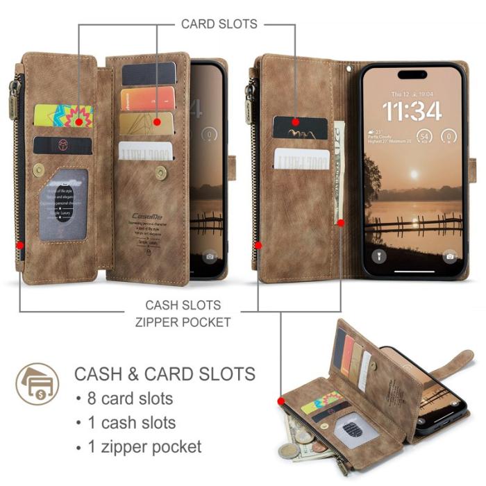 Caseme - CASEME C30 Plånboksfodral för iPhone 17 Pro med Rem - Brun Konstläder