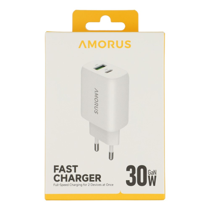 Amorus - AMORUS GaN Snabbladdare 30W USB-C - USB-A EU PD - Vit