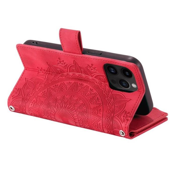 OEM - iPhone 15 Pro Plånboksfodral Mandala Flower Imprinted - Röd