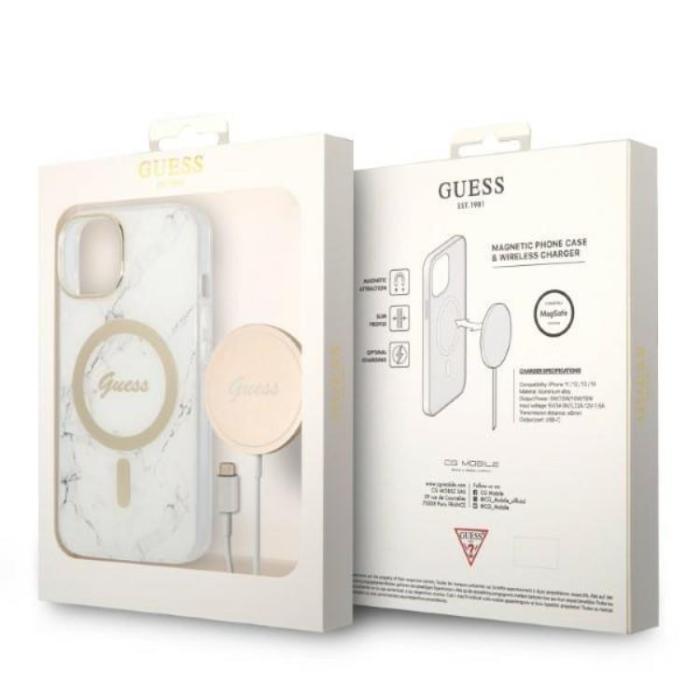 Guess - GUESS iPhone 14 Plus Magsafe Skal Marble + Trådlös Laddare - Vit