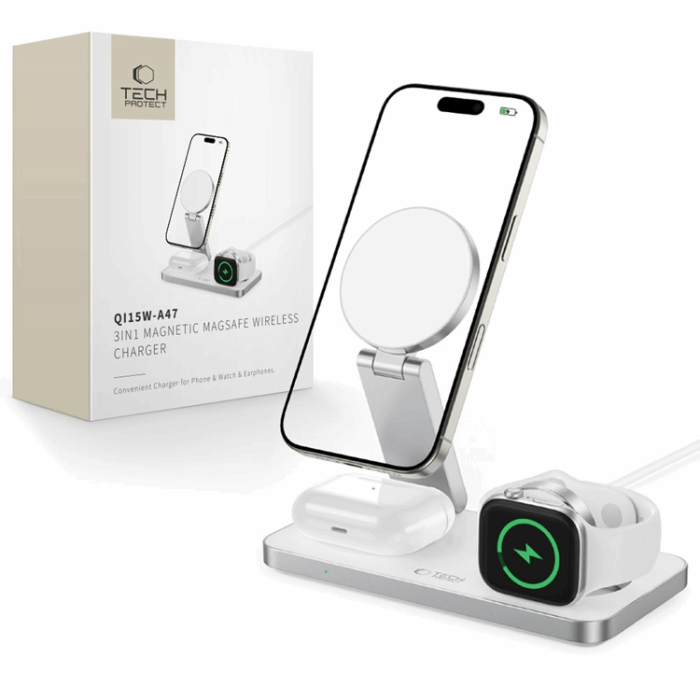 Tech-Protect - 3-in-1 Magsafe Trådlös Laddare iPhone, Apple Watch, AirPods Qi 15W