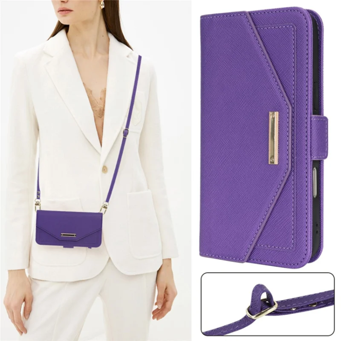 A-One Brand - iPhone 17 Pro Konstläder Plånboksfodral Cross Texture med Axelrem - Lila