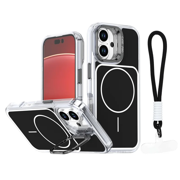 iPhone 16 Plus Mobilskal MagSafe Lens Kickstand med Handrem (Svart) | 2353 | AlltMobil