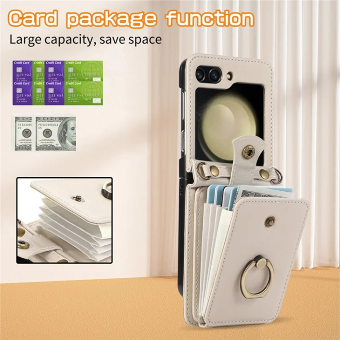 A-One Brand - Galaxy Z Flip7 Plånboksfodral Ring Kickstand med Lång rem - Beige