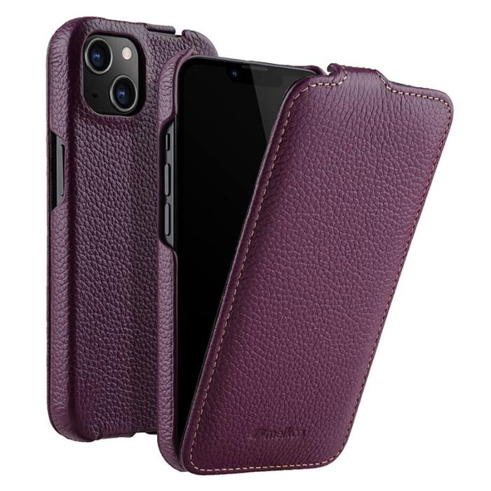 Melkco - MELKCO iPhone 14 Plus Litchi Textur Vertikalt Flipfodral Äkta Läder Lila