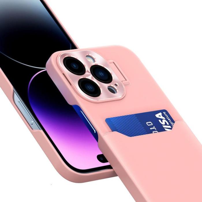 OEM - iPhone 14 Skal Korthållare Läder Kickstand - Rosa