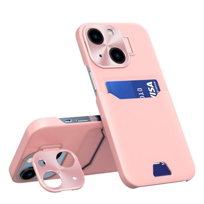 OEM - iPhone 14 Skal Korthållare Läder Kickstand - Rosa