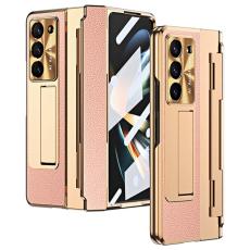 A-One Brand - Mobilskal f&ouml;r Galaxy Z Fold 6 5G L&auml;der+PC Kickstand - Guld/Rosa