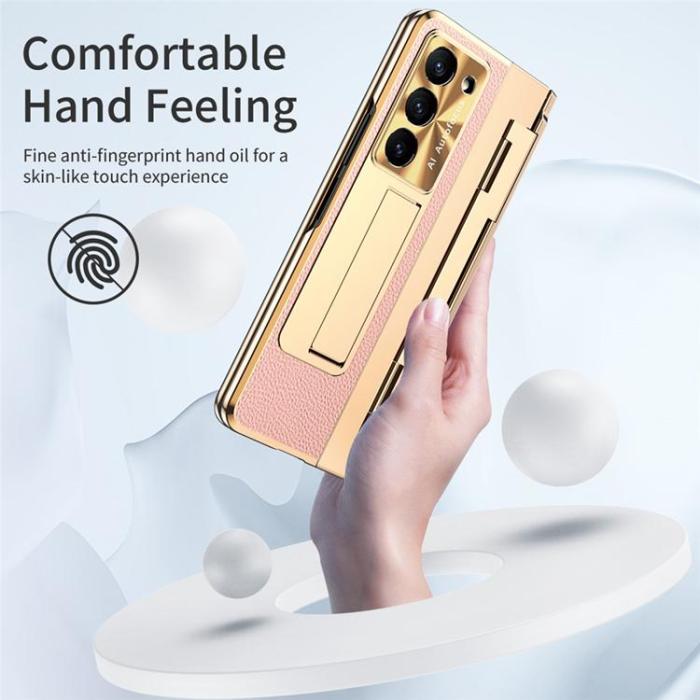 A-One Brand - Mobilskal för Galaxy Z Fold 6 5G Läder+PC Kickstand - Guld/Rosa