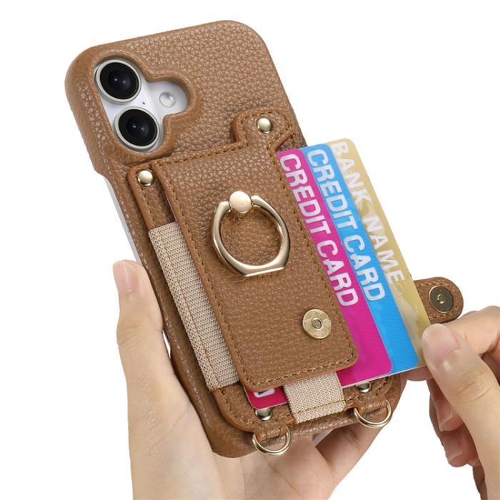A-One Brand - Mobilskal till iPhone 16 med Korthållare Ring Kickstand - Brun