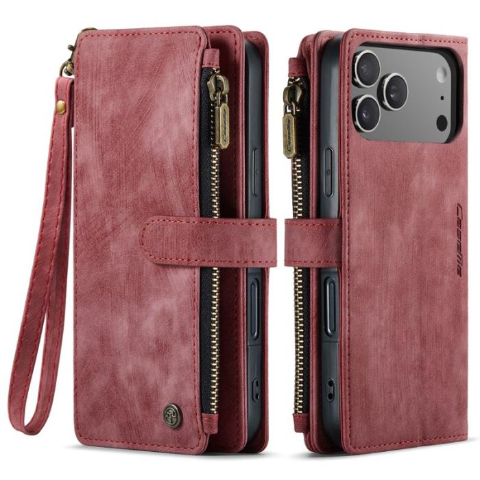 Caseme - CASEME Konstläder Plånboksfodral för iPhone 17 Pro med Rem och Kortfack - Röd