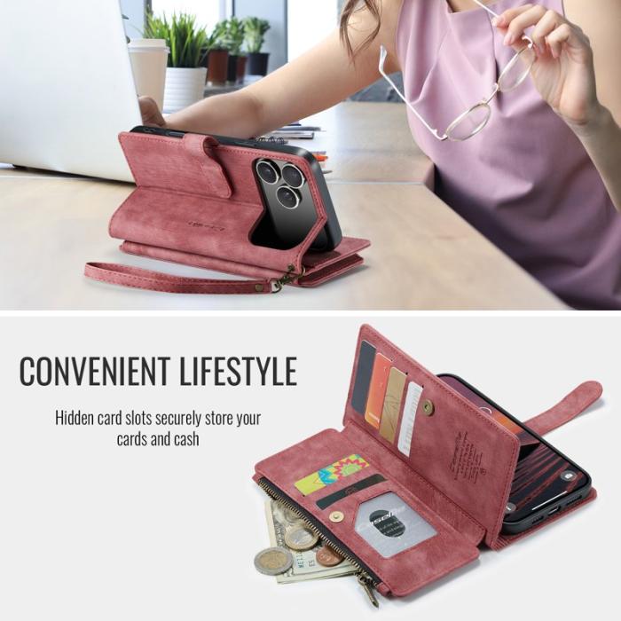 Caseme - CASEME Konstläder Plånboksfodral för iPhone 17 Pro med Rem och Kortfack - Röd