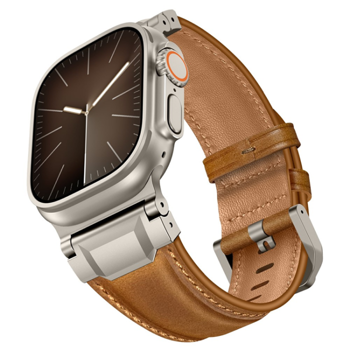 A-One Brand - Apple Watch (42/44/45/46/49mm) Armband Cowhide Läder - Mörkbrun/Titanium