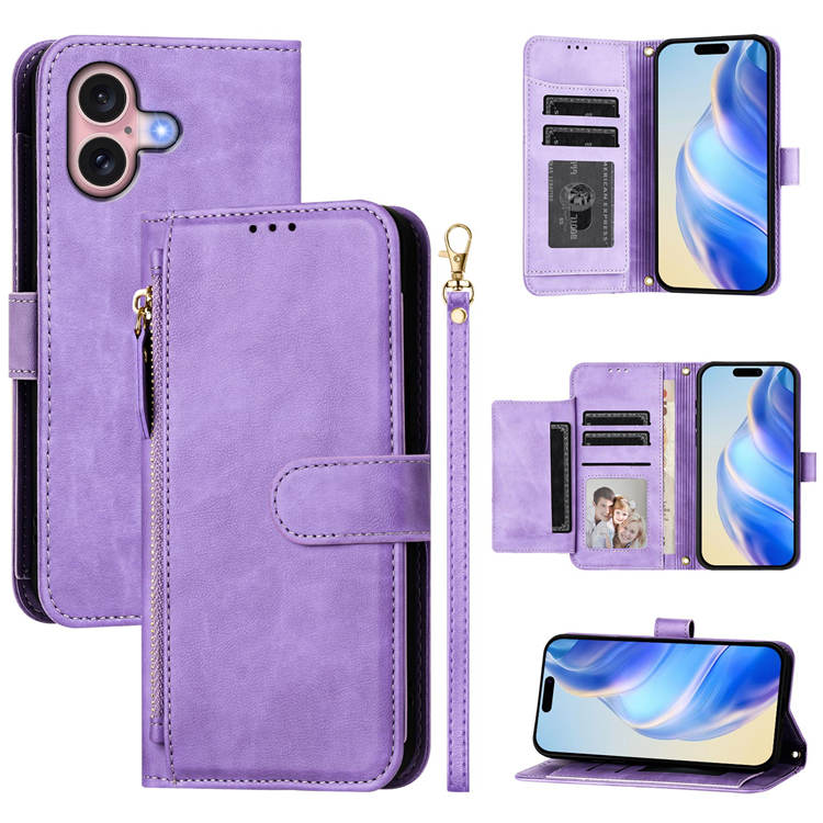 iPhone 16 Plus Plånboksfodral Zipper Pocket Läder - Lila | 2353 | AlltMobil