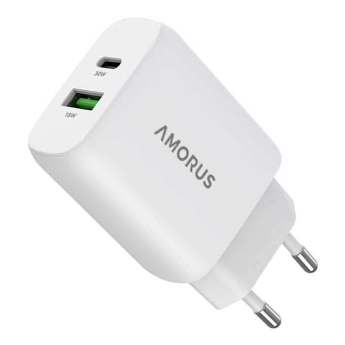 Amorus - AMORUS GaN Snabbladdare 30W USB-C - USB-A EU PD - Vit