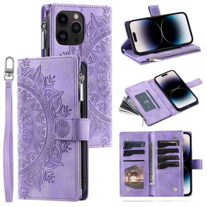 OEM - iPhone 15 Pro Plånboksfodral Mandala Flower Imprinted - Lila