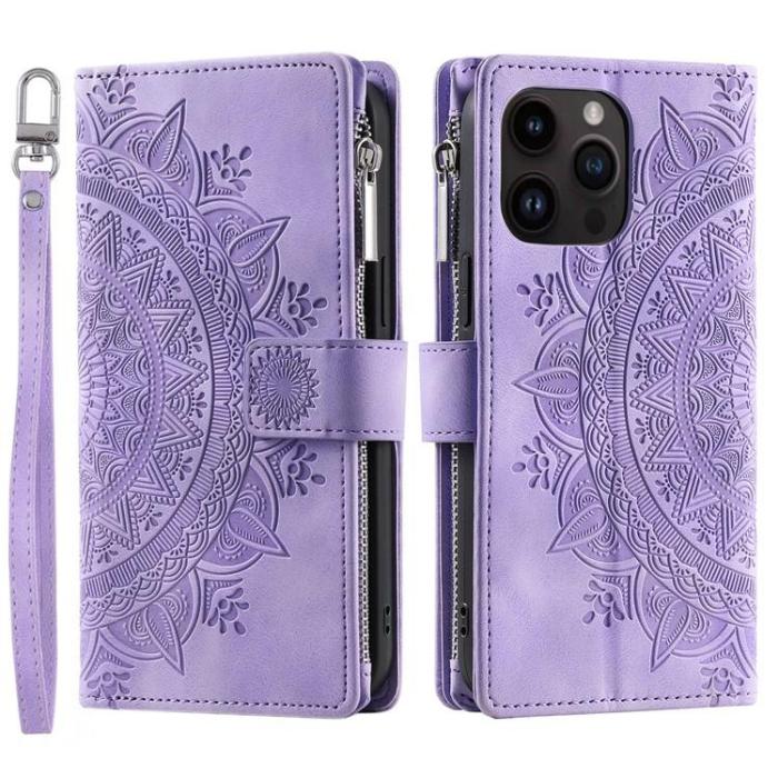 OEM - iPhone 15 Pro Plånboksfodral Mandala Flower Imprinted - Lila