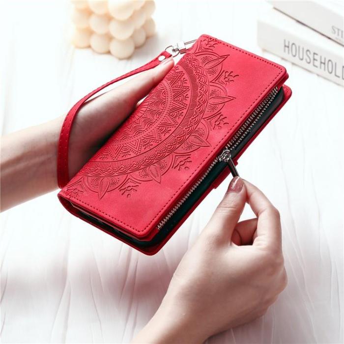 OEM - iPhone 15 Pro Plånboksfodral Mandala Flower Imprinted - Röd