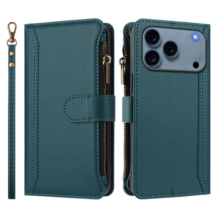 A-One Brand - iPhone 17 Pro Plånboksfodral Zipper Med Rem - Mörkgrön