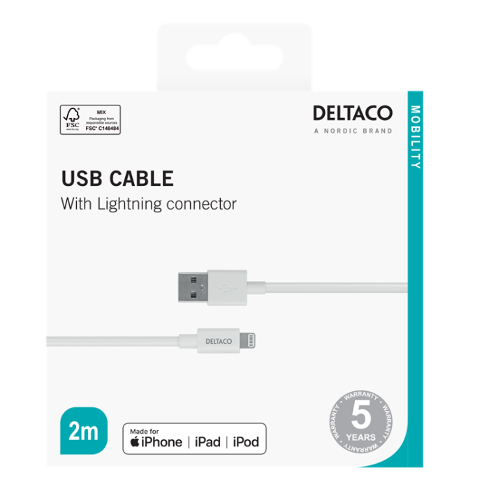 UTGATT1 - Deltaco USB-A Till Lightning Kabel 2m - Vit