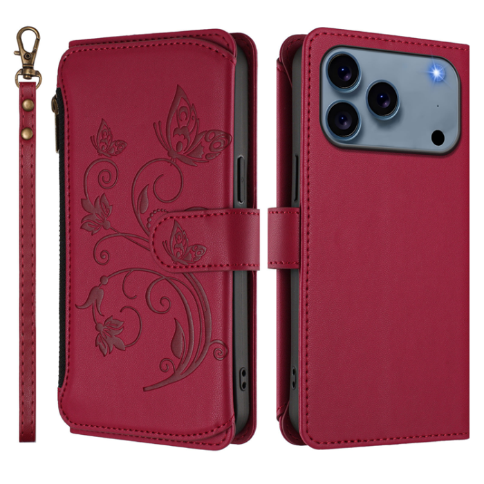 A-One Brand - iPhone 17 Pro Max Plånboksfodral Butterfly Floral Imprint - Vinröd