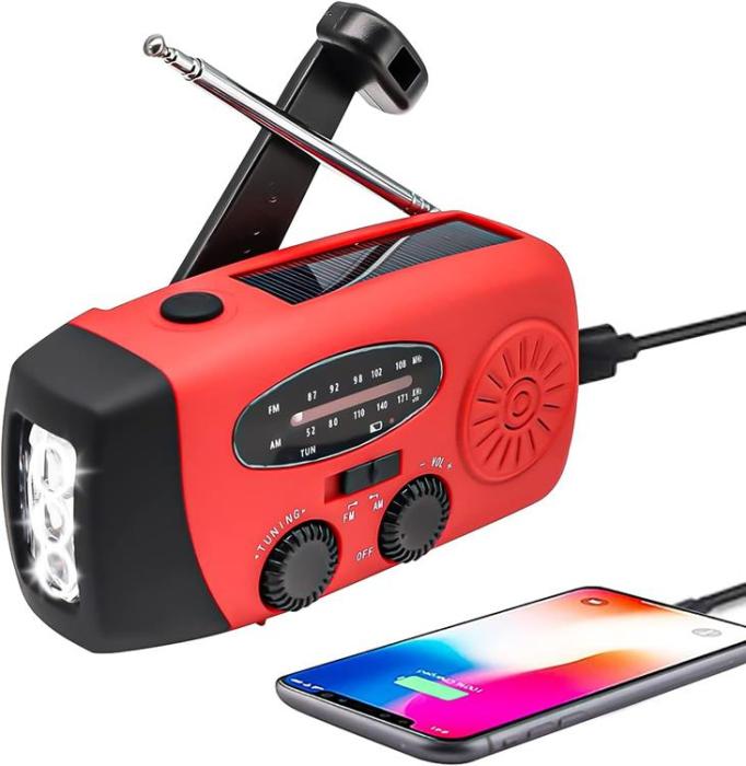 A-One Brand - Vevradio 2000mAh Powerbank med Solceller och Ficklampa - Röd