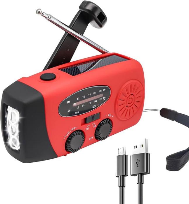 Vevradio 2000mAh Powerbank med Solceller och Ficklampa - Röd 