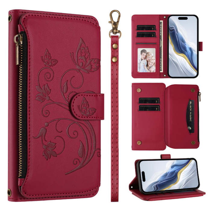 A-One Brand - iPhone 17 Air Plånboksfodral Butterfly Floral Imprint - Vinröd