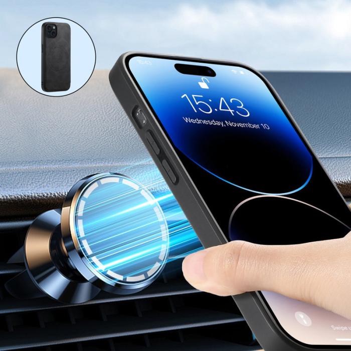 DENIOR - DENIOR A11 iPhone 15 Plus Fodral Konstläder belagt PC+TPU Svart
