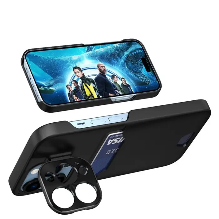 OEM - iPhone 14 Plus Skal Korthållare Läder Kickstand - Svart