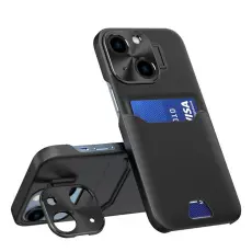 OEM - iPhone 14 Skal Korth&aring;llare L&auml;der Kickstand - Svart