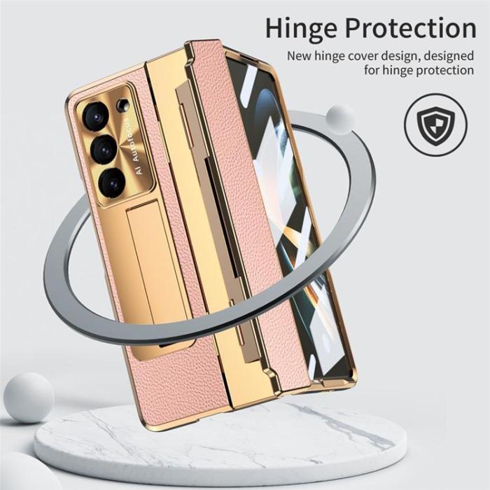 A-One Brand - Mobilskal för Galaxy Z Fold 6 5G Läder+PC Kickstand - Guld/Rosa