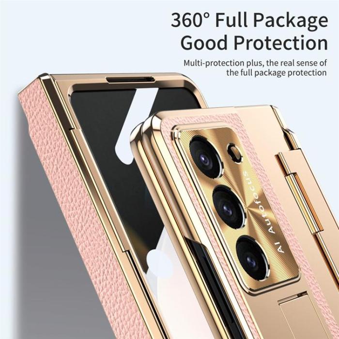 A-One Brand - Mobilskal för Galaxy Z Fold 6 5G Läder+PC Kickstand - Guld/Rosa