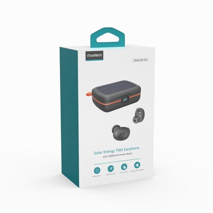 Choetech - Choetech In-ear Hörlurar BH-T05 Solar TWS med Powerbank 2500mAh - Svart