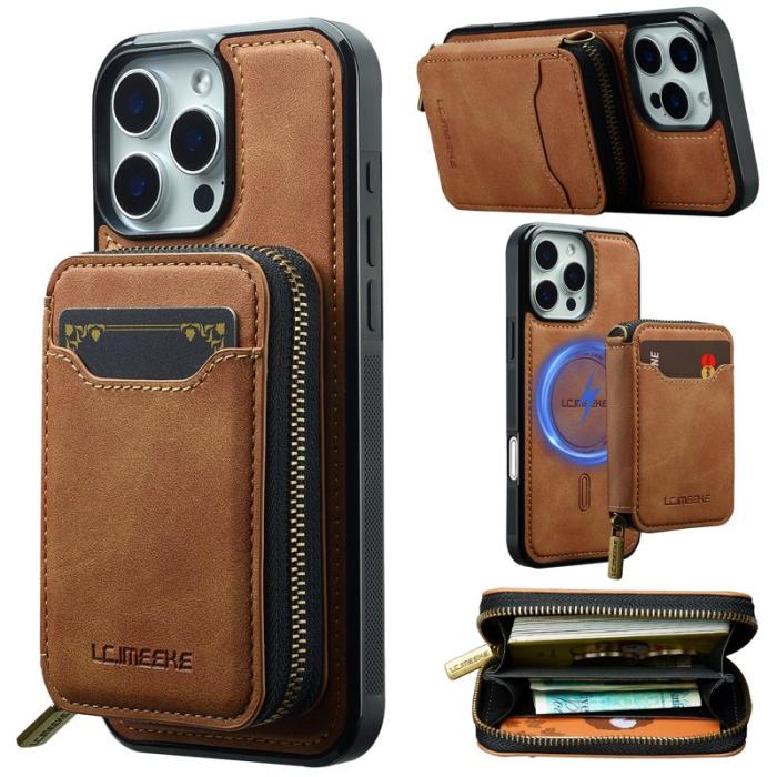 LC.imeeke - LC.IMEEKE L6 iPhone 16 Pro Plånboksfodral Konstläder - Brun