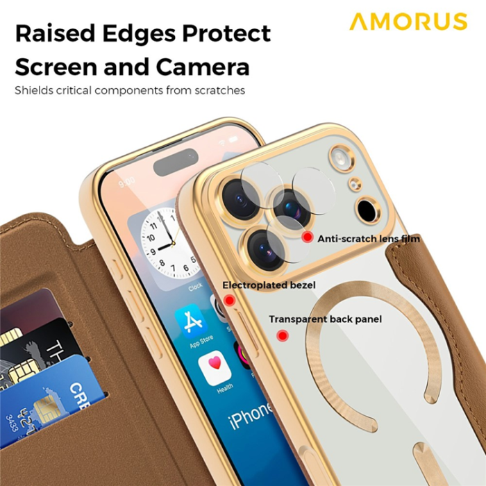 Amorus - AMORUS iPhone 17 Pro Plånboksfodral MagSafe RFID - Brun