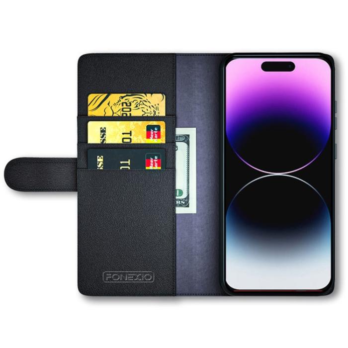 OEM - iPhone 15 Pro Max Plånboksfodral Äkta Läder Anti-Dust - Svart