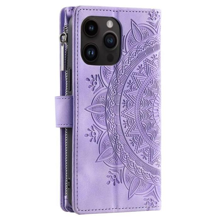 OEM - iPhone 15 Pro Plånboksfodral Mandala Flower Imprinted - Lila